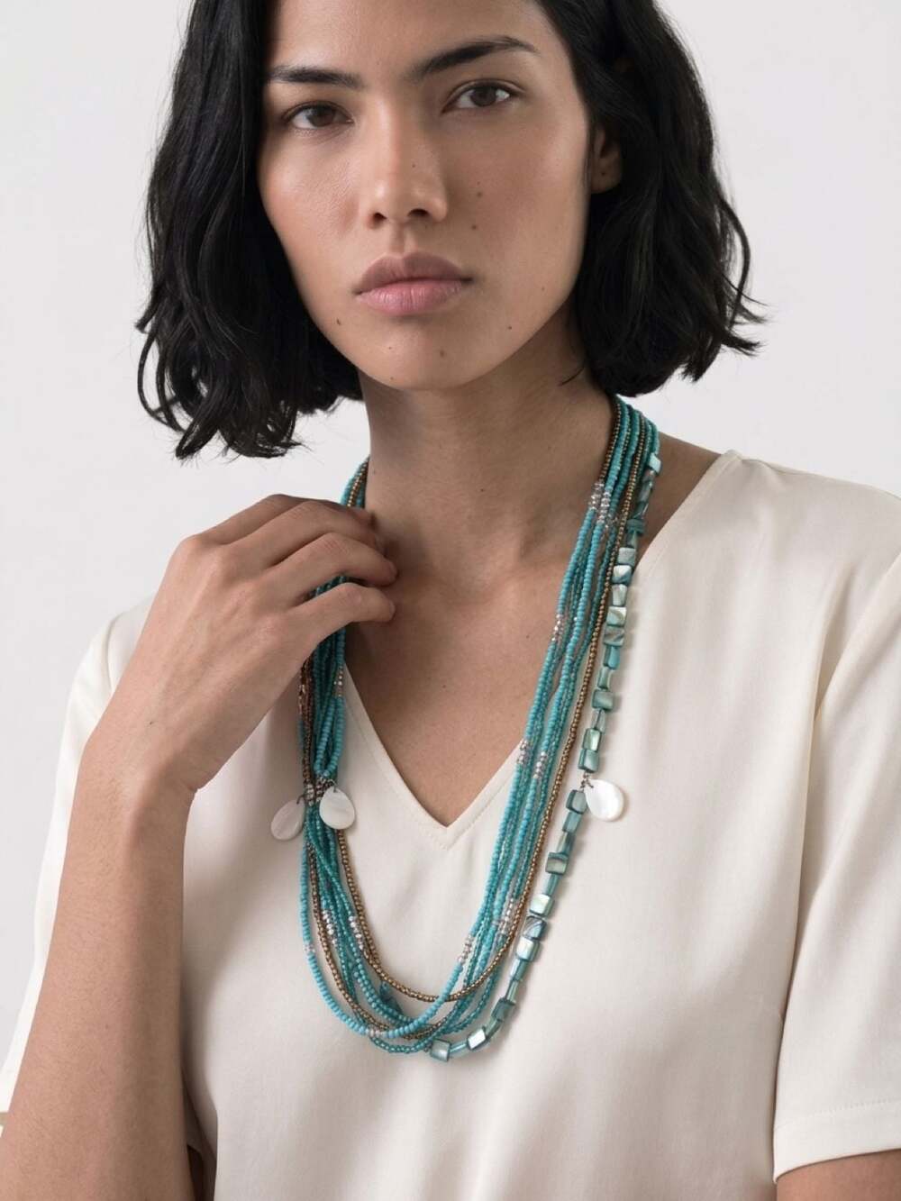 VJ Multi-Strand Blue and Bronze Seed Bead Necklace with Shell Accents